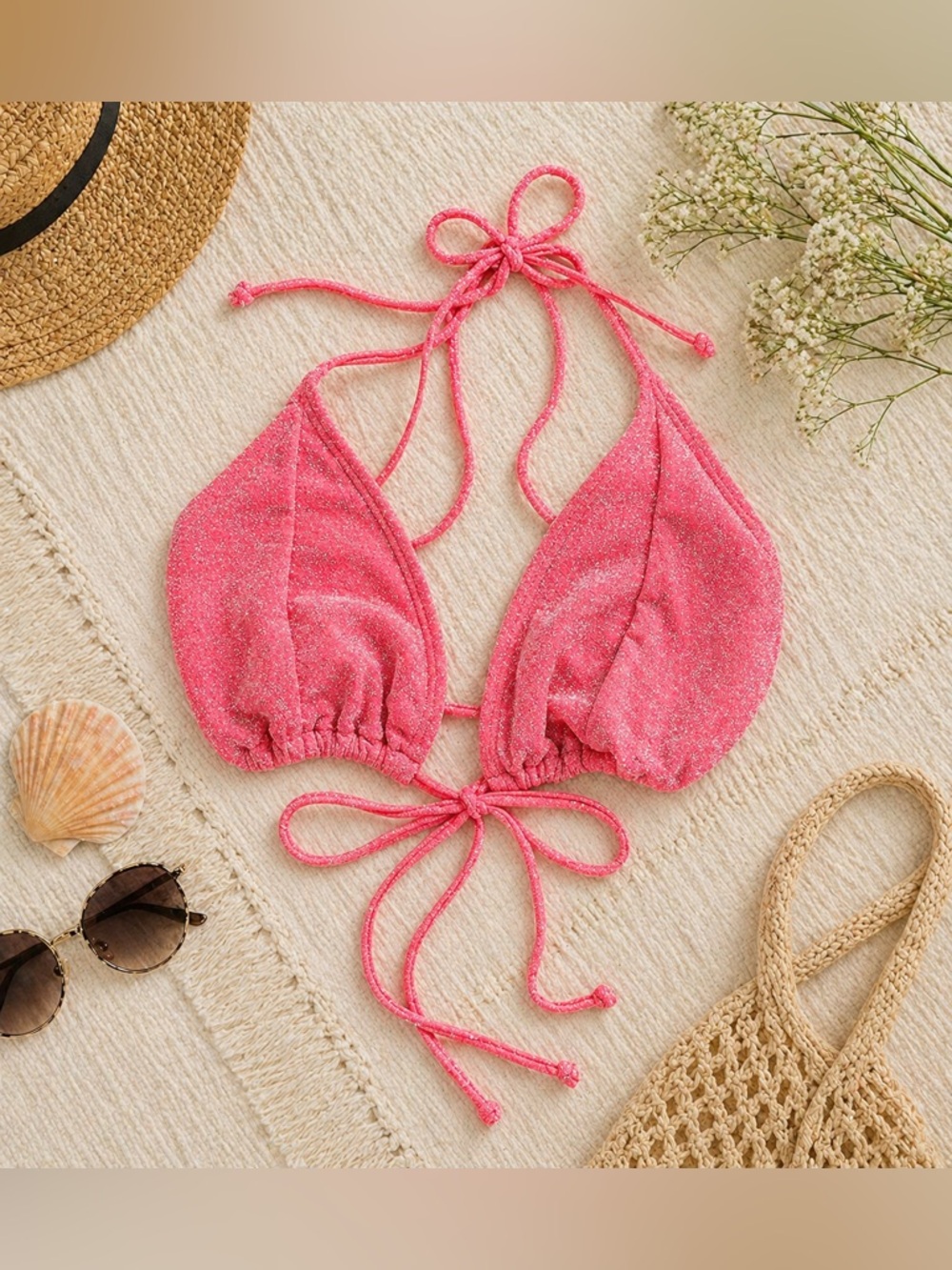 Good American Fiery Coral Metallic Bikini Top NWT Size 6 Triangle Tie $59